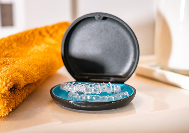 Open orthodontic retainer case displaying blue dental retainer on bathroom counter near towel
