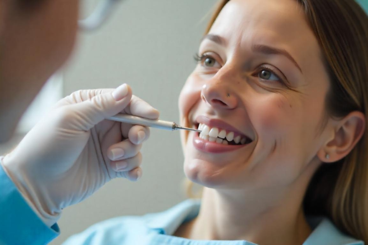 Dentist examining patient's teeth during orthodontic consultation in dental office.