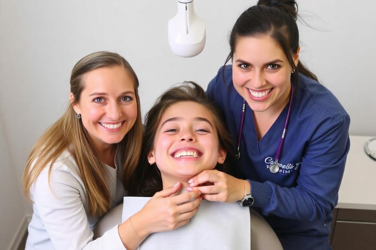 Two female orthodontists examining young patient's teeth in professional dental office setting.
